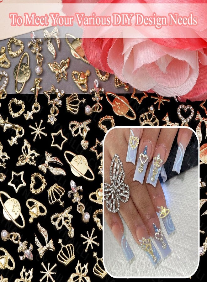 Cynailli 110 Pcs Dangle Star Gold Nail Charms and Gems, 3D Star Heart Bows Dangle Nail Rhinestones Charms, Butterfly Crown Planet Charms for Alloy Nails Art Jewels DIY Design Accessories - Image 4